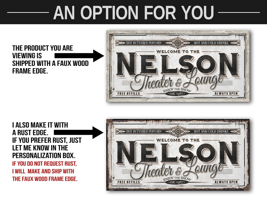 Personalized Theater Lounge - Metal or Canvas | Family Theater Sign | Large Personalized Family Theater Lounge Sign | Large Metal Wall Art