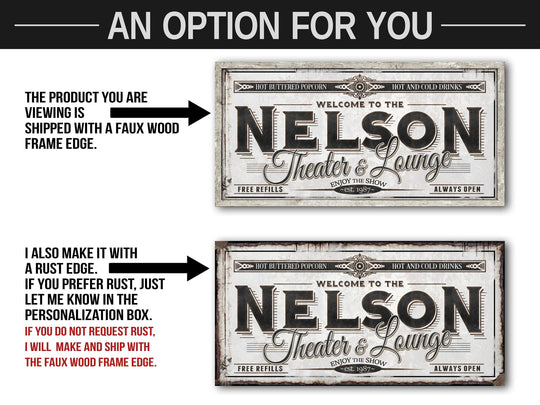 Personalized Theater Lounge - Metal or Canvas | Family Theater Sign | Large Personalized Family Theater Lounge Sign | Large Metal Wall Art