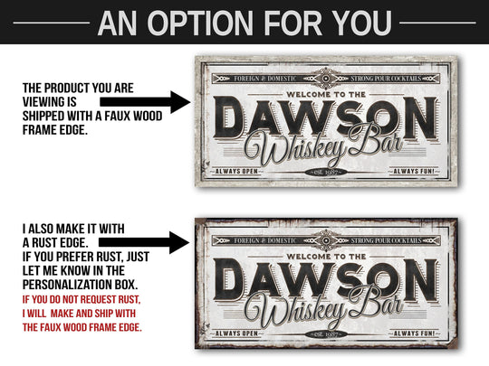 Personalized Whiskey Bar Sign - Metal or Canvas | Custom Whiskey Bar Sign | Personalized Family Whiskey Sign | Large Metal Wall Art