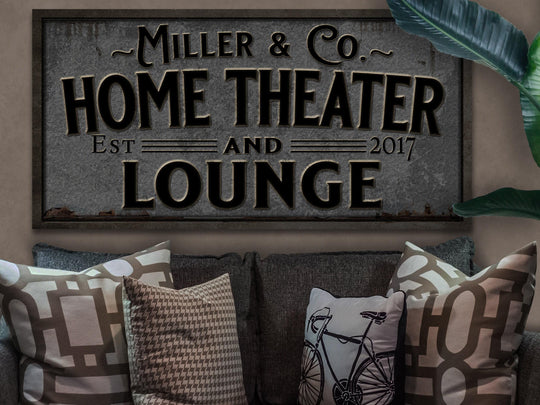 Pewter-Styled Home Theater and Lounge Sign | Personalized Theater Lounge Sign | Family Theater Sign | Family Name Sign | Home Theater Sign