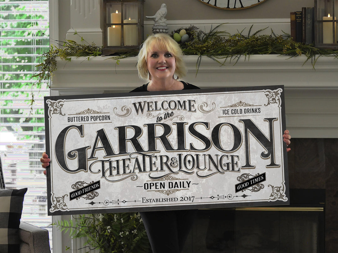 Personalized Home Theater Sign | Customized Lounge Sign | Large Personalized Family Name Theater Sign | Large Metal or Canvas Wall Art