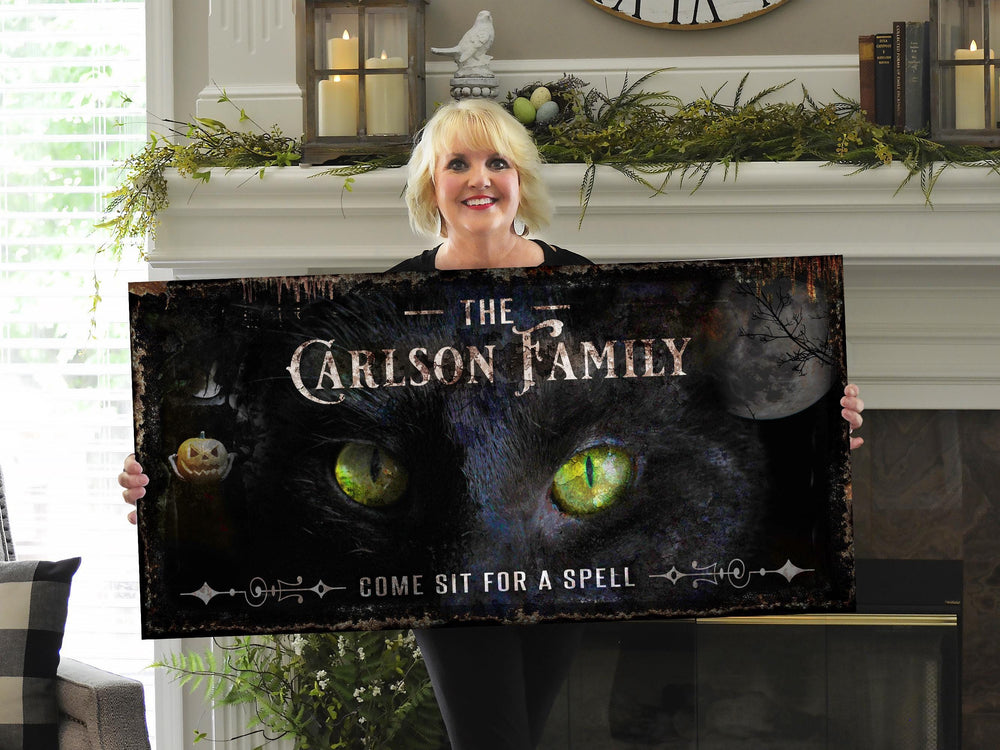 Black Cat Witch Spell Halloween Sign | Creepy Halloween Sign | Farmhouse Sign | Ranch House Plans | Farm Wall Decor | Distressed Sign
