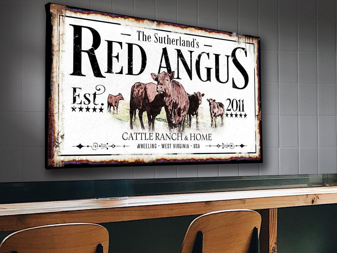 Red Angus Cattle Ranch Sign | Last Name Farmhouse Sign | Farmhouse Sign | Ranch House Plans | Farm Wall Decor | Distressed Sign