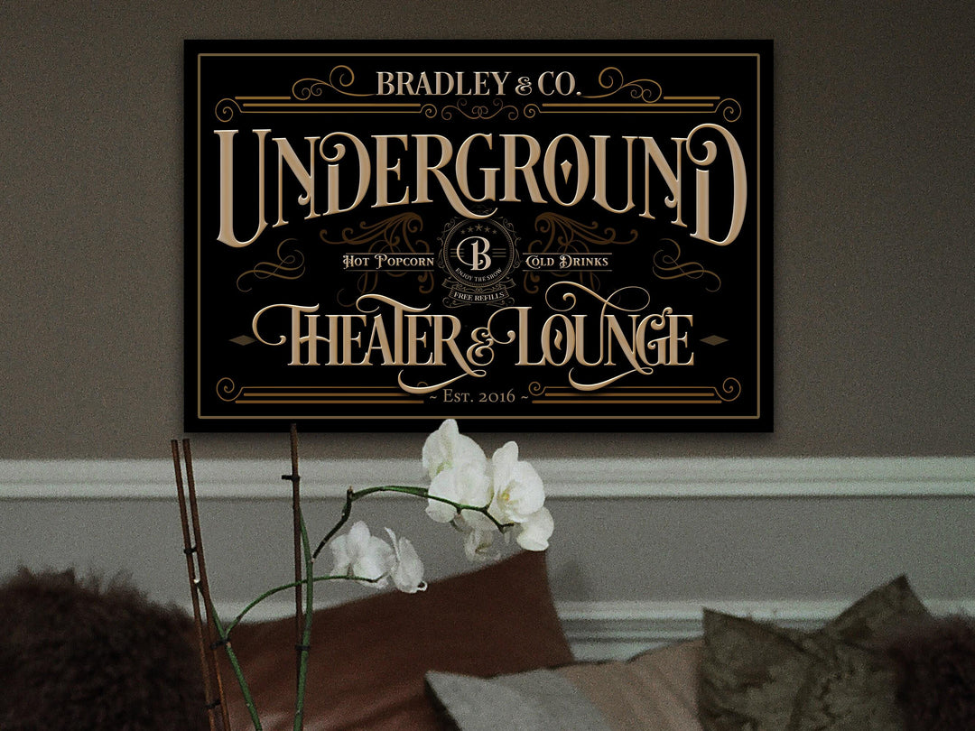 Home Theater Sign, Home Theater Decor, Underground Theater Sign, Movie Room Decor, Lower Level Sign, Lounge Sign, Movie Theater Decor