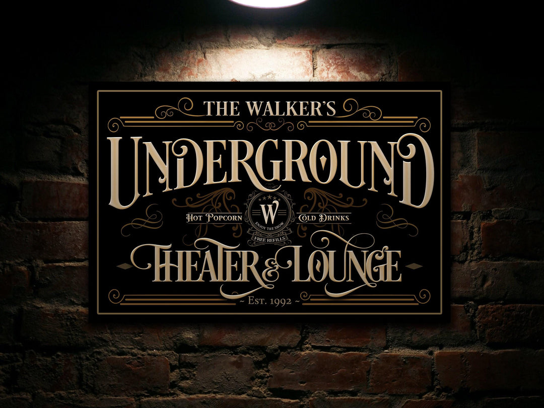 Home Theater Sign, Home Theater Decor, Underground Theater Sign, Movie Room Decor, Lower Level Sign, Lounge Sign, Movie Theater Decor