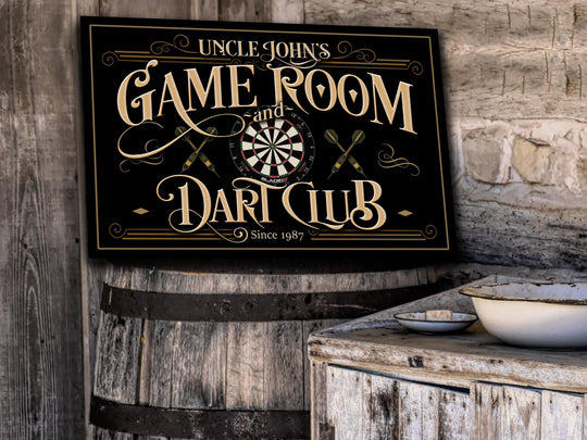 Personalized Game Room & Dart Club Sign | Custom Dart Club Sign | Family Game Room Sign | Farmhouse Wall Decor | Large Metal or Canvas Sign