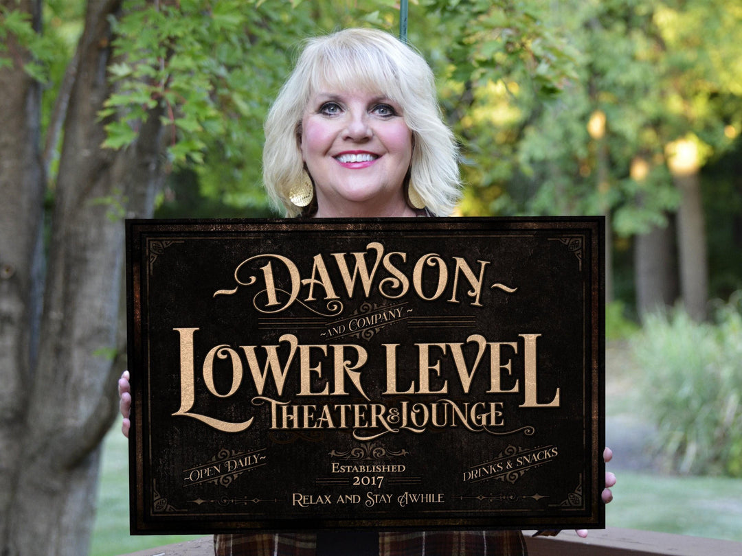 Personalized Lower Level Bar Sign, Home Theater Sign, Theater Lounge Sign, Home Theater, Movie TV room, Metal, Canvas, Personalized Basement