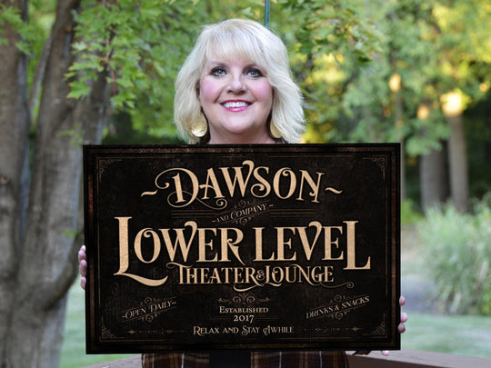 Personalized Lower Level Bar Sign, Home Theater Sign, Theater Lounge Sign, Home Theater, Movie TV room, Metal, Canvas, Personalized Basement