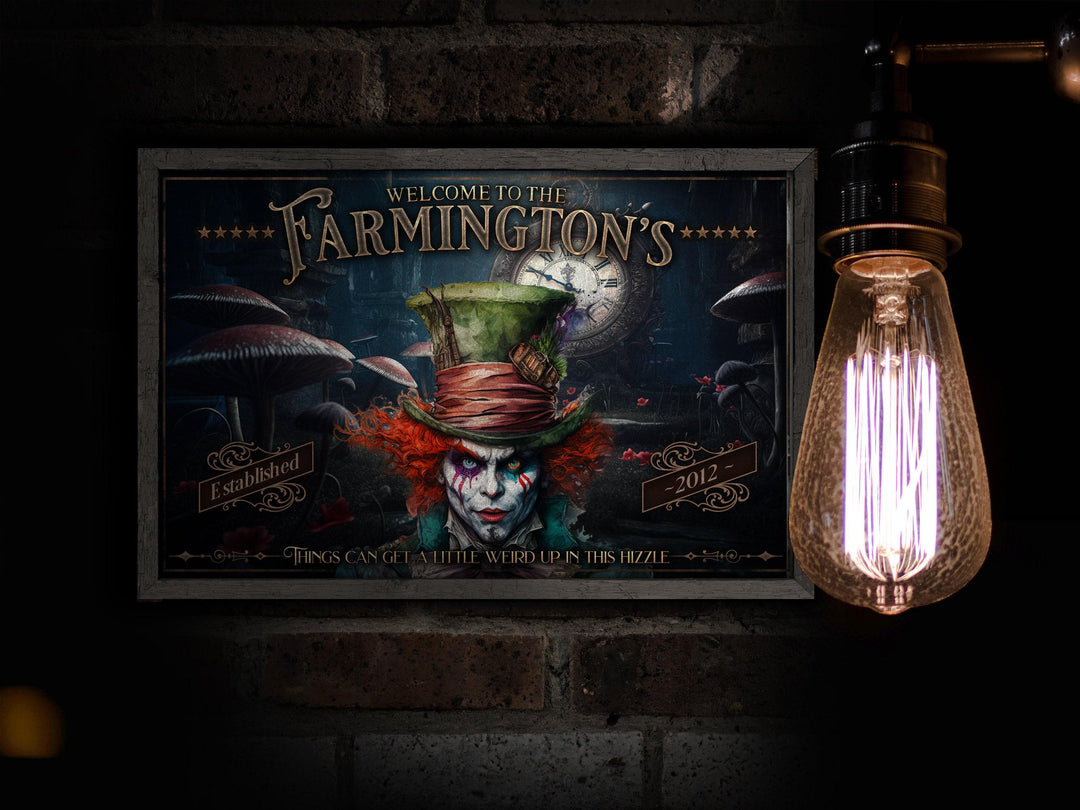 Alice in Wonderland | Mad Hatter Decor | Personalized with Last Name | Mad Hatter Wall Art | Mad Hatter Family Name Sign on Metal