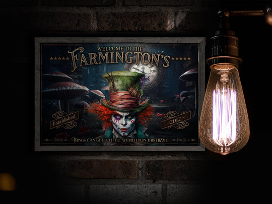 Alice in Wonderland | Mad Hatter Decor | Personalized with Last Name | Mad Hatter Wall Art | Mad Hatter Family Name Sign on Metal