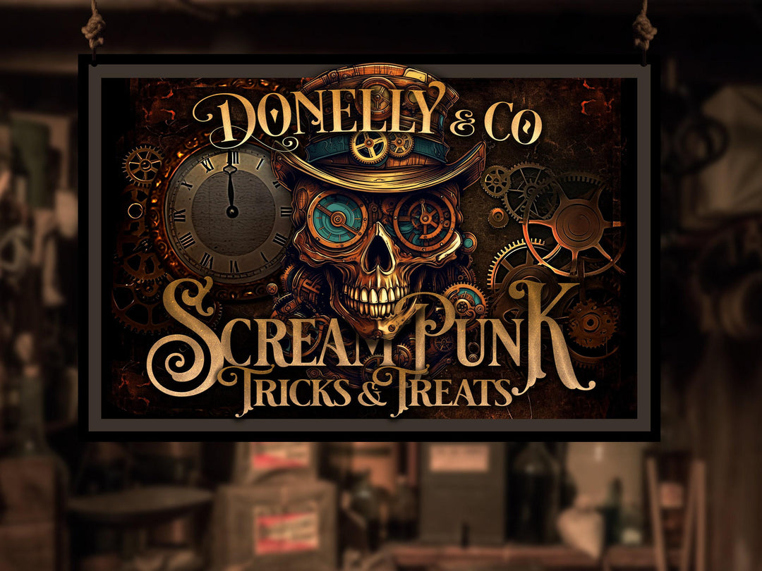 Steampunk Halloween Sign | Custom Steampunk Decor | Screampunk Trick or Treat | Steampunk Sign | Steampunk Skull | Steampunk Wall Decor