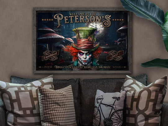 Alice in Wonderland | Mad Hatter Decor | Personalized with Last Name | Mad Hatter Wall Art | Mad Hatter Family Name Sign on Metal