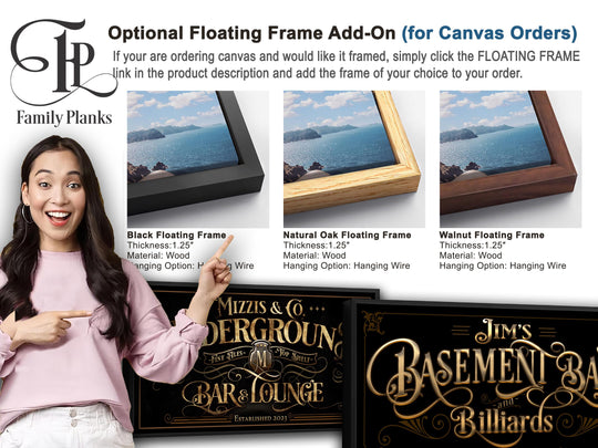 a woman pointing to a sign with a picture of a boat in the background