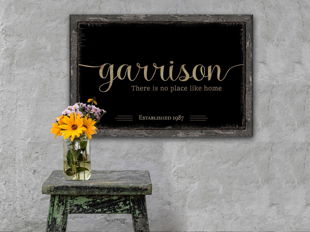 Personalized Printed Family Name Sign With Established Date (Faux Wood Frame) Indoor or Outdoor - No Place Like Home on Canvas or Metal