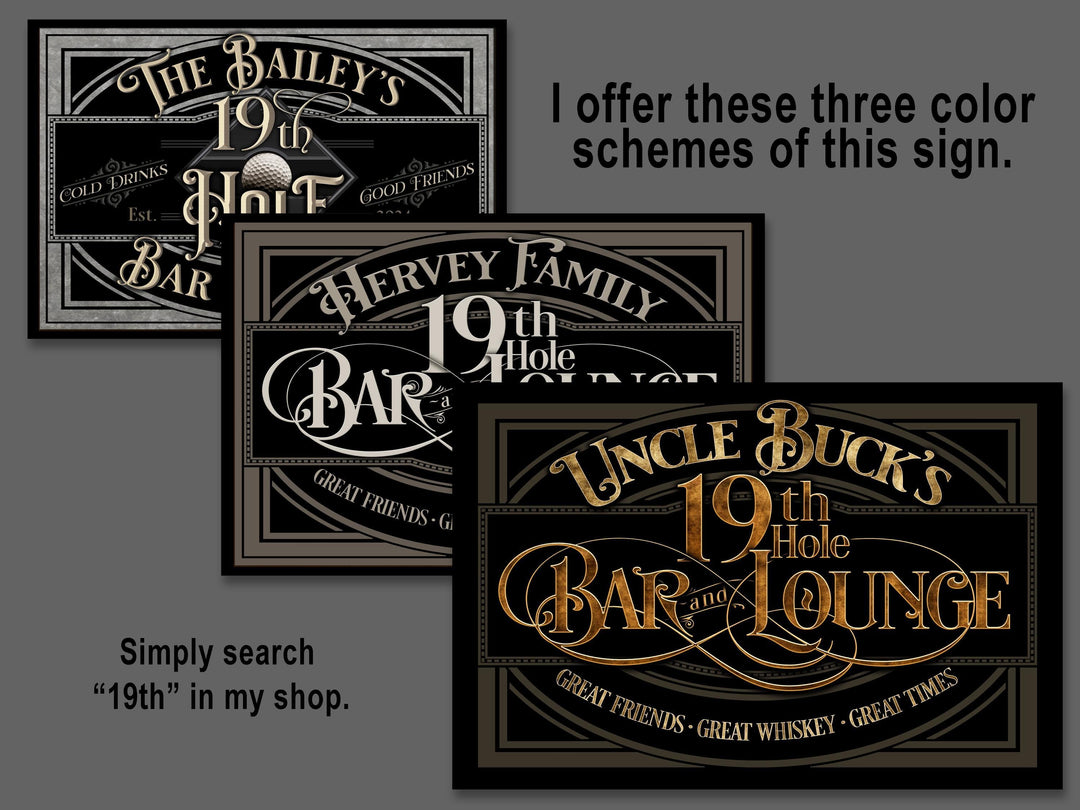 19th Hole Bar Sign 2 | Personalized 19th Hole Sign | Golf Sign Style Two | Aluminum Golf Sign | Golf Lounge Sign | Metal Print