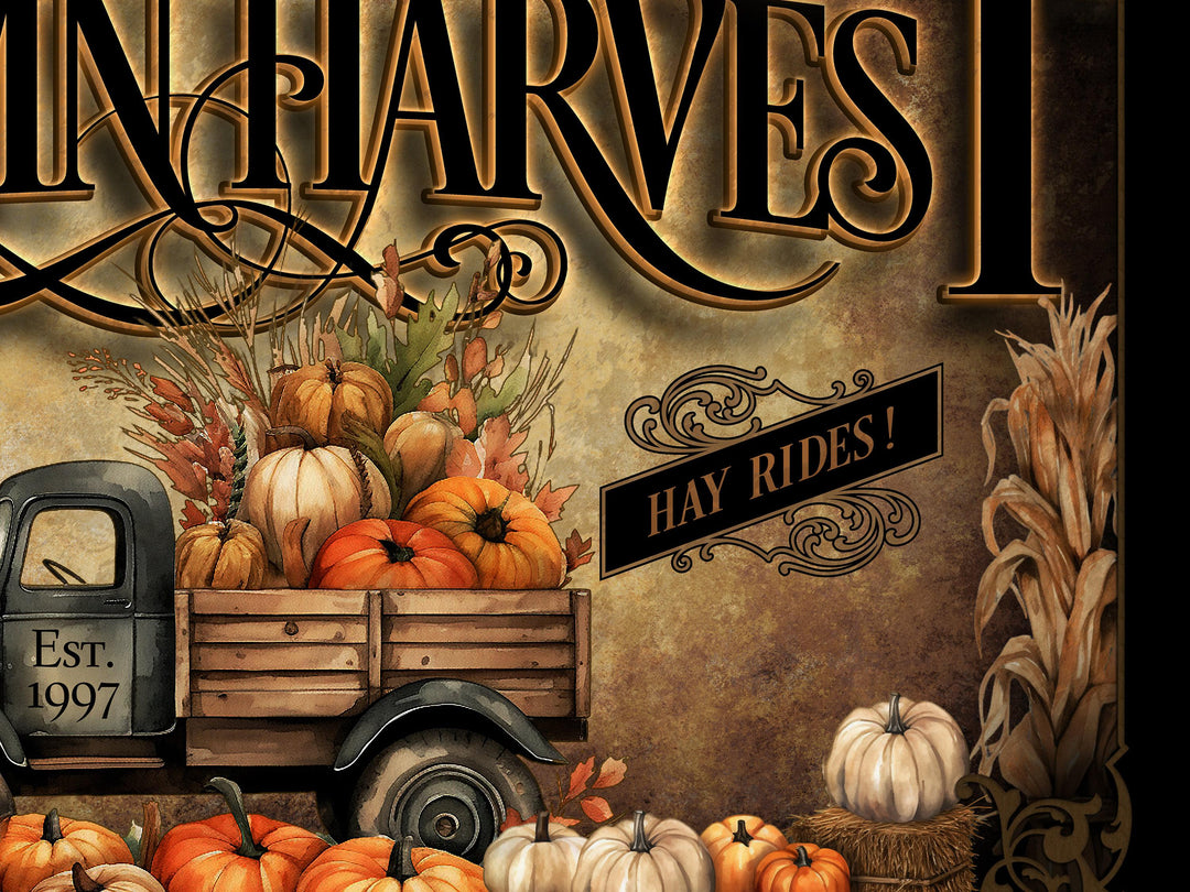Personalized Autumn Harvest Family Name Sign | Farmhouse Pumpkin Truck Sign | Vintage Pumpkin Sign | Large Metal Sign | Large Canvas Sign