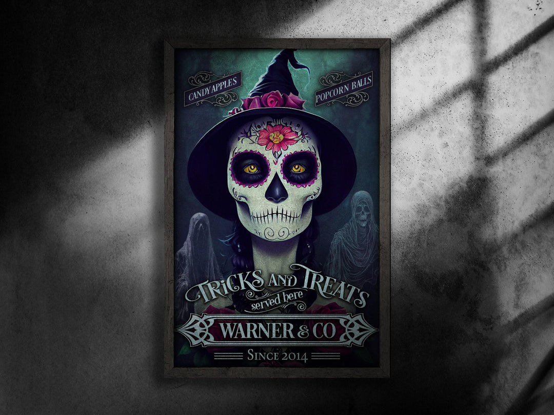 Tricks and Treats Halloween Sign, Sugar Skull Witch, Creepy Halloween Ghost Sign, Custom Halloween Sign, Scary Sign, Large Canvas or Metal