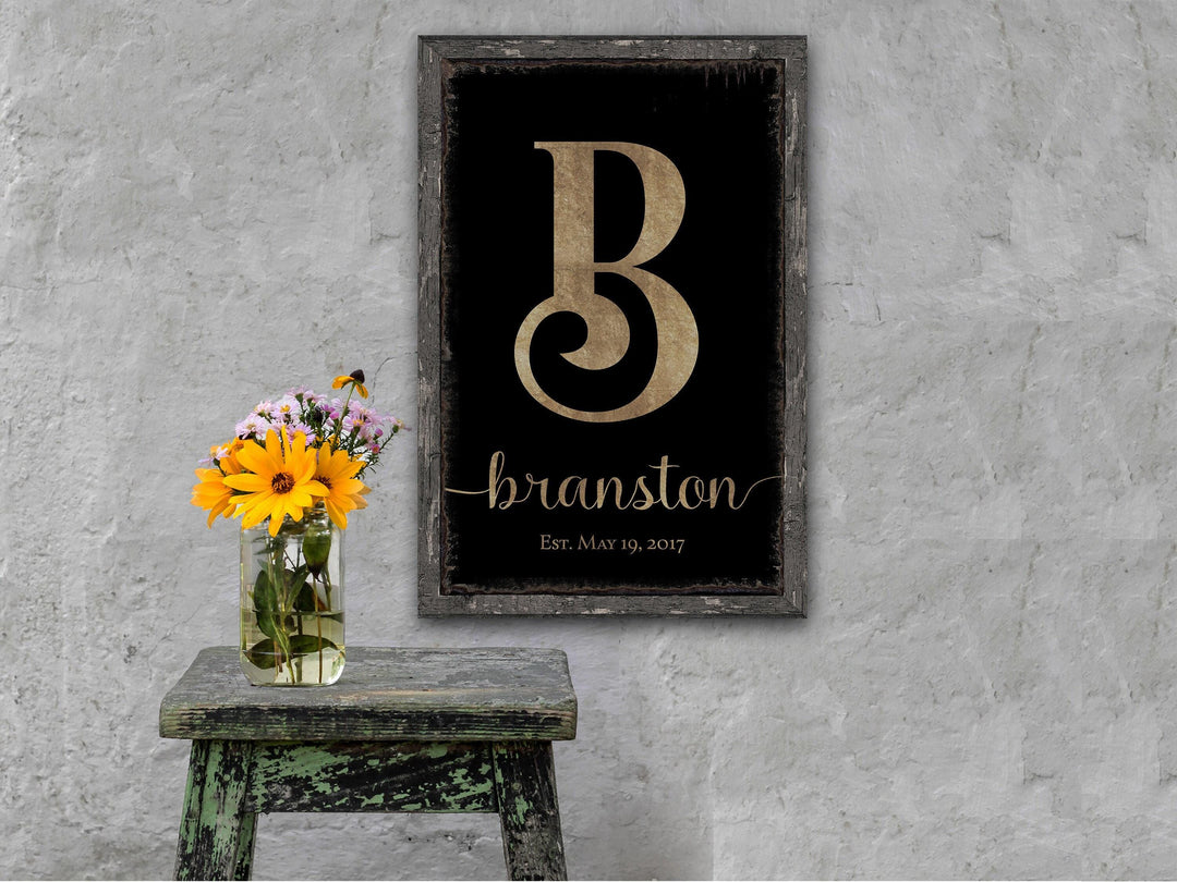 Personalized Printed Monogram Family Name Sign With Established Date (Faux Wood Frame) Indoor or Outdoor - Canvas Sign or Metal Sign Choice
