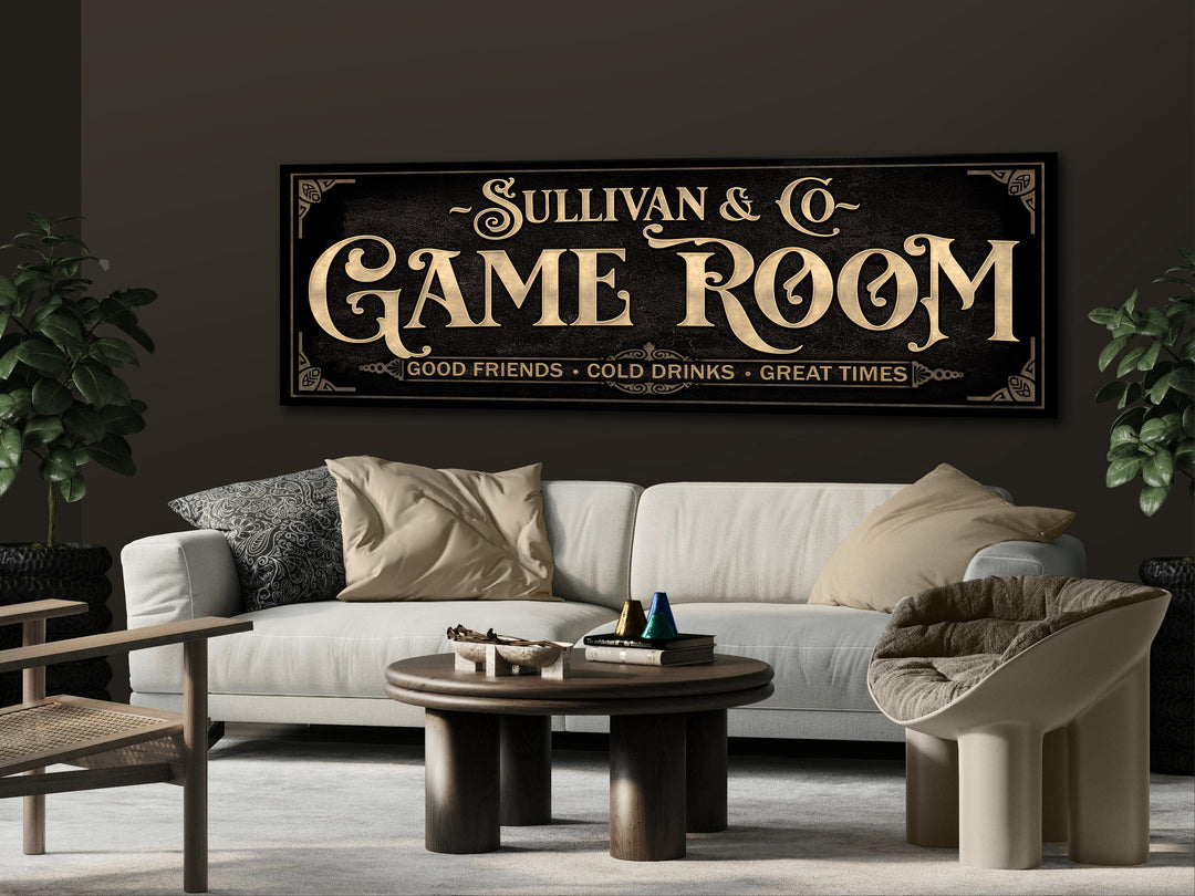 Personalized Game Room Sign with Family Name | Custom Earthtone Tan Game Room Sign | Customized Family Game Room Sign | Light Vintage Taupe