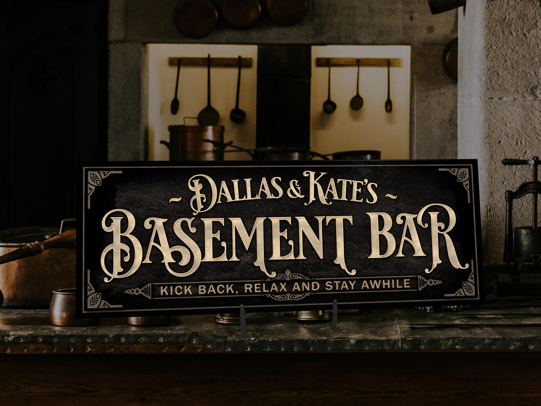 Personalized Basement Bar Sign with Family Name | Earthtone Basement Bar Sign | Customized Family Basement Bar Sign | Light Vintage Taupe