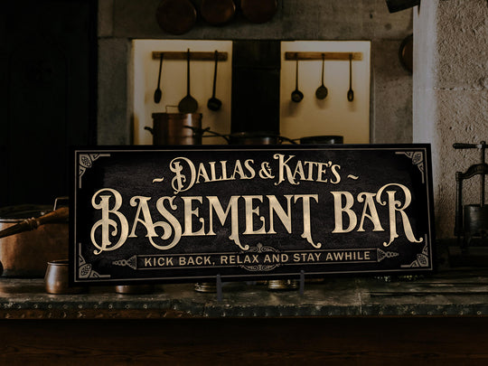 Personalized Basement Bar Sign with Family Name | Earthtone Basement Bar Sign | Customized Family Basement Bar Sign | Light Vintage Taupe