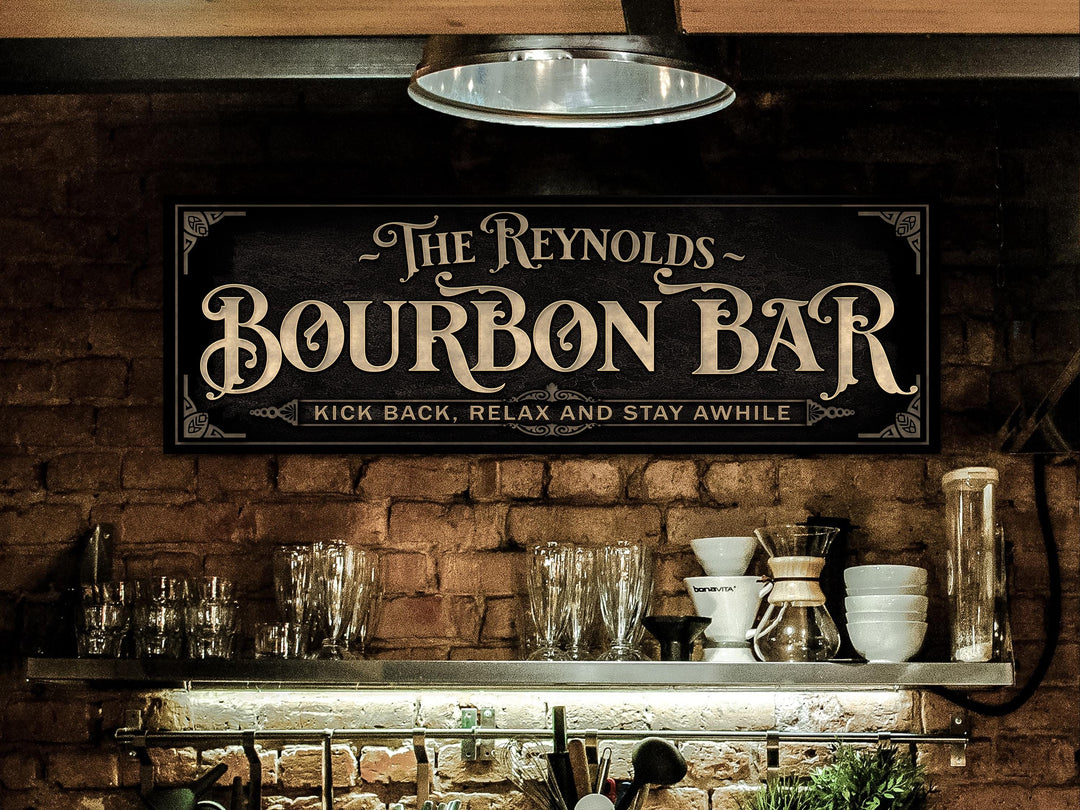 Personalized Bourbon Bar Sign with Family Name | Earthtone Bourbon Bar Sign | Customized Family Bourbon Bar Sign | Light Vintage Taupe