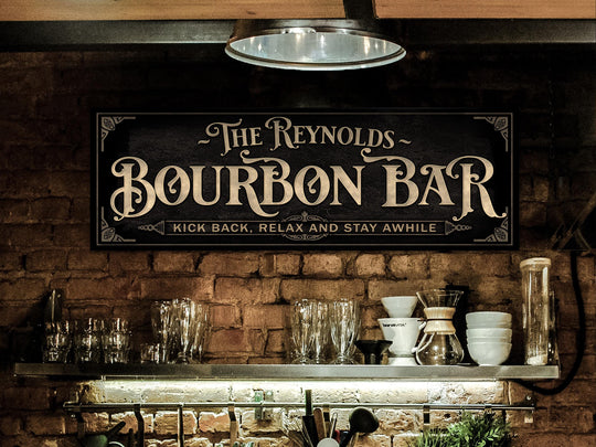Personalized Bourbon Bar Sign with Family Name | Earthtone Bourbon Bar Sign | Customized Family Bourbon Bar Sign | Light Vintage Taupe