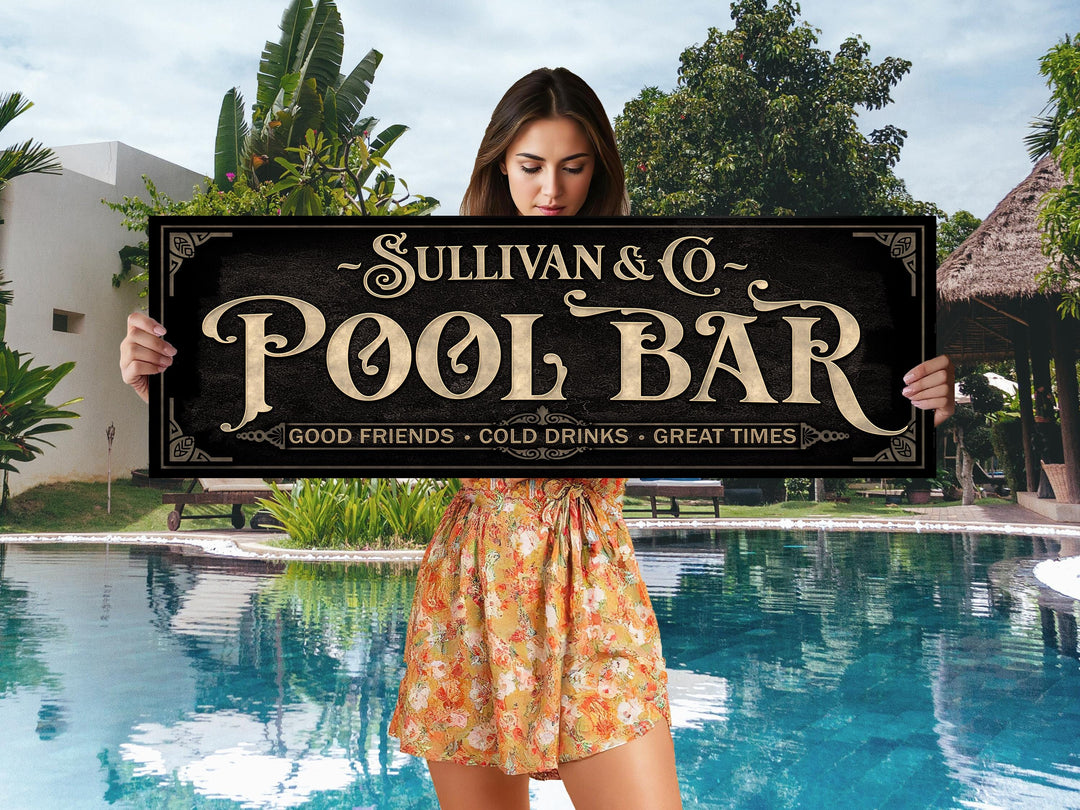Personalized Pool Bar Sign with Family Name | Earthtone Pool Bar Sign | Customized Family Pool Bar Sign | Light Vintage Taupe