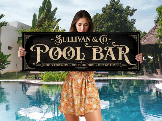 Personalized Pool Bar Sign with Family Name | Earthtone Pool Bar Sign | Customized Family Pool Bar Sign | Light Vintage Taupe
