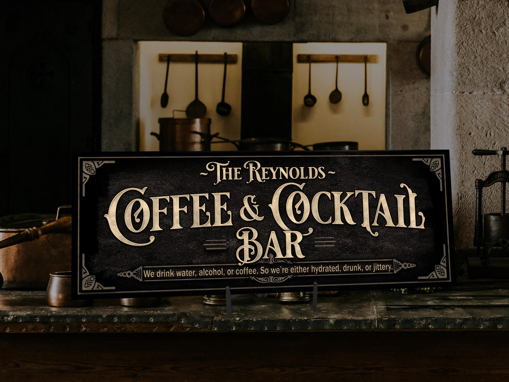 Coffee and Cocktail Bar Sign | Personalized Family Coffee Bar | Coffee Cocktail Bar Decor | Vintage Coffee Bar Sign | Family Bar Decor Gift