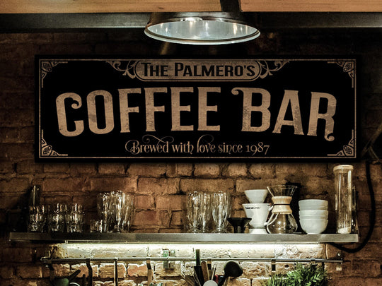 Primitive Coffee Bar Sign | Personalized Family Name Sign | Rustic Farmhouse Wall Decor | Large Vintage Coffee Bar Sign | Coffee Bar Decor