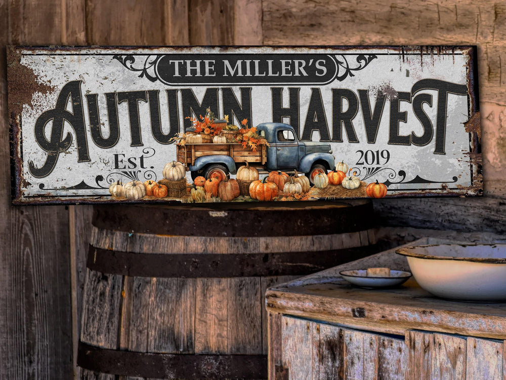 Autumn Harvest Pumpkin Sign | Personalized Pumpkin | Rustic Farmhouse Wall Decor | Large Vintage Pumpkin Farm Sign | Thanksgiving Sign