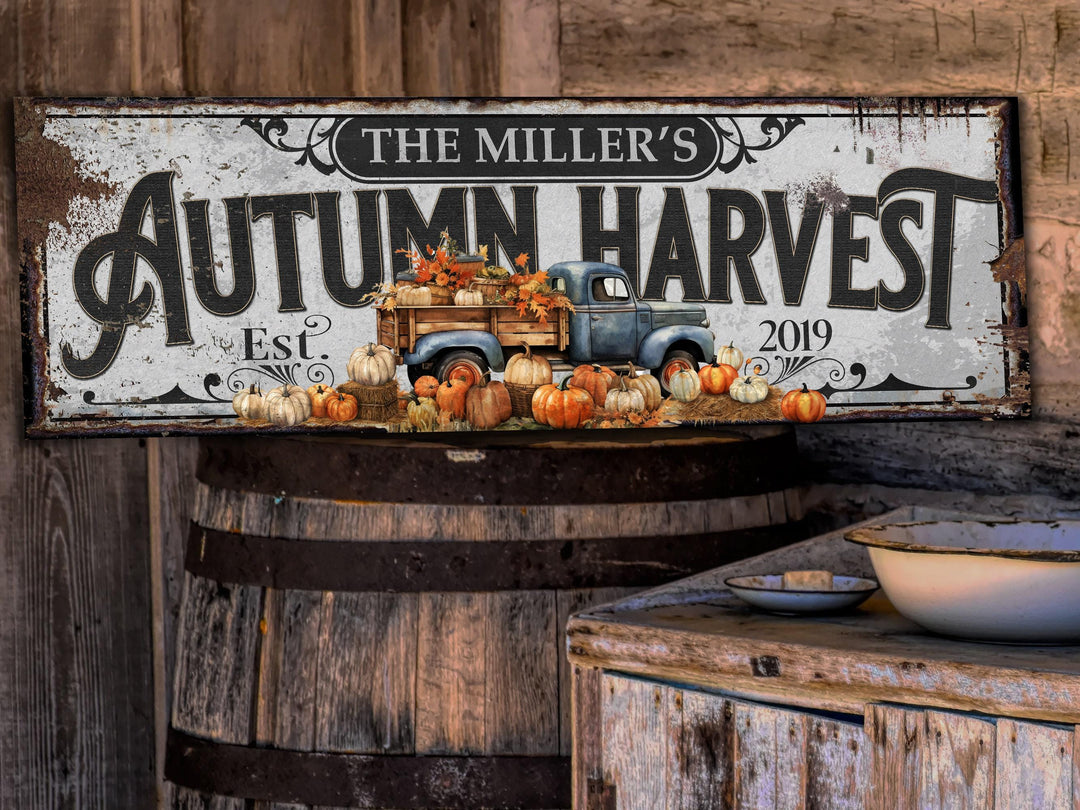Autumn Harvest Pumpkin Sign | Personalized Pumpkin | Rustic Farmhouse Wall Decor | Large Vintage Pumpkin Farm Sign | Thanksgiving Sign