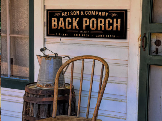 Farmhouse Back Porch Sign with Personalized Family Name | Country Porch Sign on Metal or Canvas Sign | Customized & Personalized Wall Art