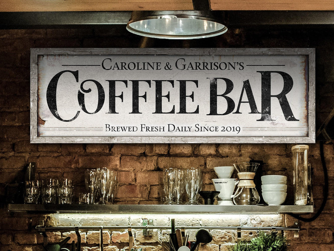 Coffee Bar Sign | Personalized Family Name Sign | Modern Farmhouse Wall Decor | Large Vintage Coffee Bar Sign | Coffee Bar Decor