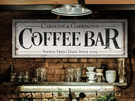 Coffee Bar Sign | Personalized Family Name Sign | Modern Farmhouse Wall Decor | Large Vintage Coffee Bar Sign | Coffee Bar Decor