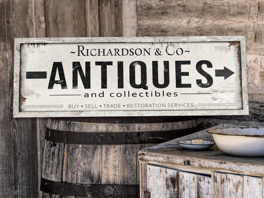 Antiques Sign with Personalized Family Name | Antiques Collectibles Custom Wall Decor Light Version | Customized & Personalized Wall Art