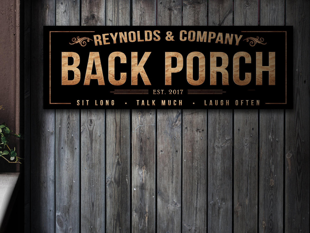 Farmhouse Back Porch Sign with Personalized Family Name | Country Porch Sign on Metal or Canvas Sign | Customized & Personalized Wall Art