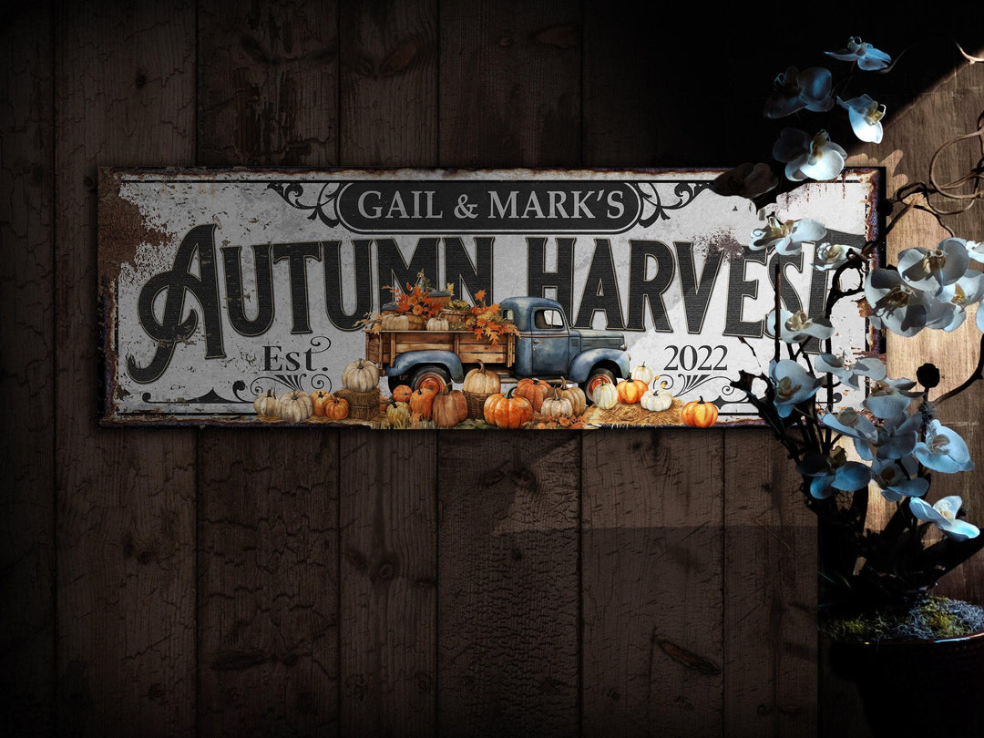 Autumn Harvest Pumpkin Sign | Personalized Pumpkin | Rustic Farmhouse Wall Decor | Large Vintage Pumpkin Farm Sign | Thanksgiving Sign