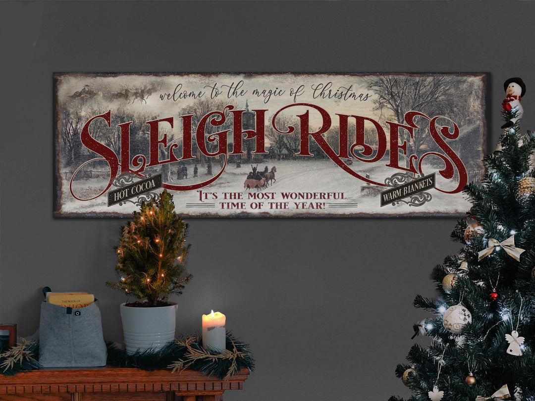 Old Fashioned Sleigh Ride Sign | Ready to Ship Christmas Sign | Large Canvas Sign | Large Metal Sign | Living Room Wall Art | Grab and Go