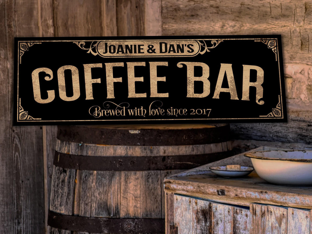 Primitive Coffee Bar Sign | Personalized Family Name Sign | Rustic Farmhouse Wall Decor | Large Vintage Coffee Bar Sign | Coffee Bar Decor