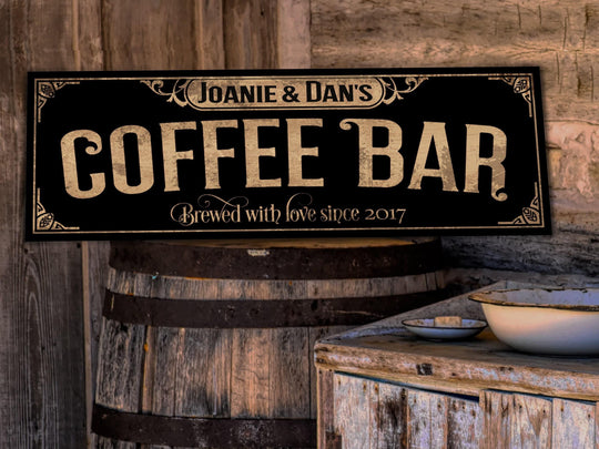 Primitive Coffee Bar Sign | Personalized Family Name Sign | Rustic Farmhouse Wall Decor | Large Vintage Coffee Bar Sign | Coffee Bar Decor