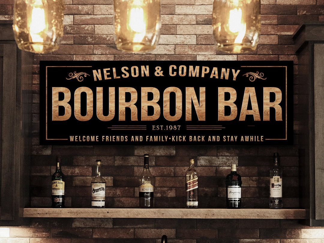 Vintage Bourbon Bar Sign with Personalized Family Name | Custom Wall Decor on Metal or Canvas Sign | Customized & Personalized Wall Art