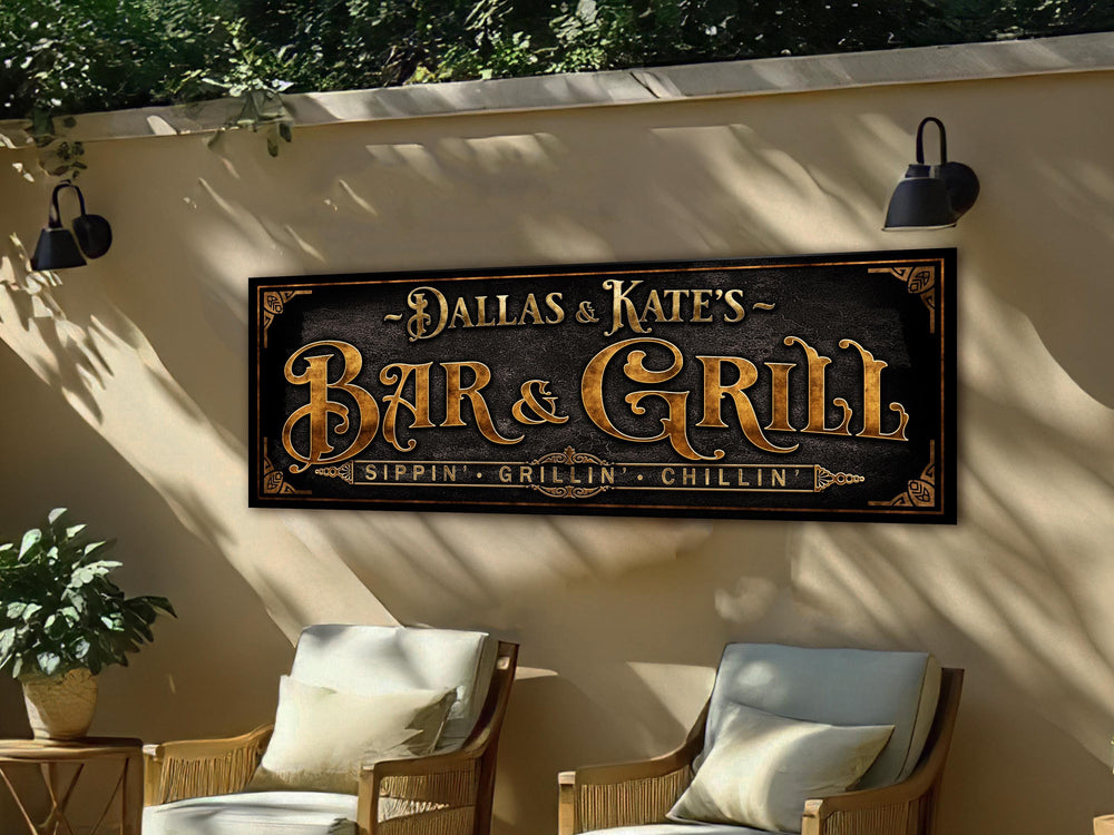 Bar & Grill Sign with Family Name | Personalized Patio Bar Sign | Customized Family Patio Sign | Personalized Patio Bar and Lounge Sign