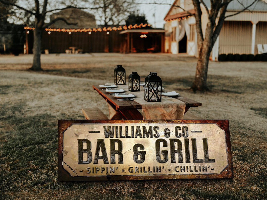 Weathered Faux Brass Bar and Grill Sign with Family Name | Personalized Bar & Grill Sign | Customized Family Bar and Grill Sign | Bar Grill