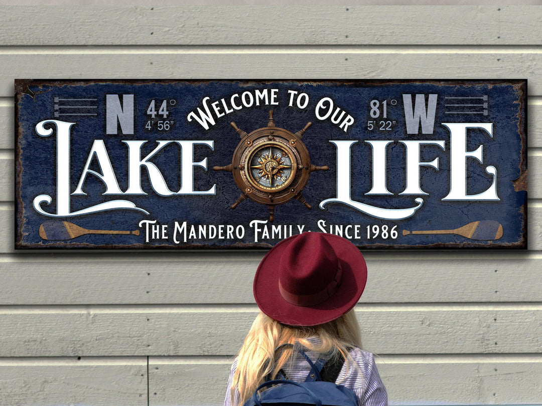 Custom Lake House Sign | GPS Coordinates | Lake House Wall Decor | Personalized Latitude Longitude Lake sign | Steampunk Compass Lake Sign