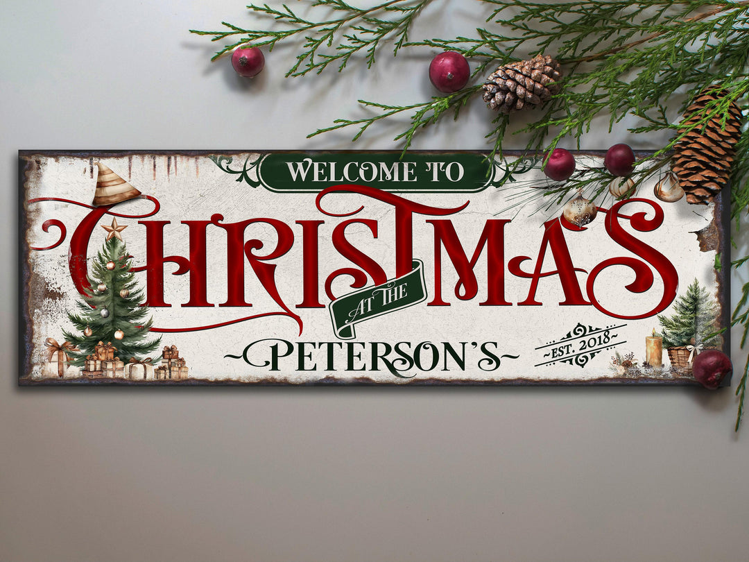 Personalized Welcome to Family Christmas Sign | Primitive Sign | Minimal Distressed Christmas Sign | Large Christmas Sign | Large Metal Sign
