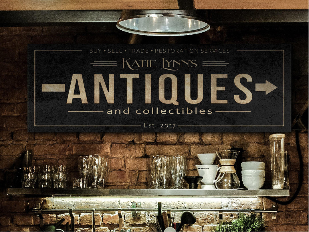 Antiques Sign with Personalized Family Name | Antiques Collectibles Custom Wall Decor on Aluminum Sign | Customized & Personalized Wall Art