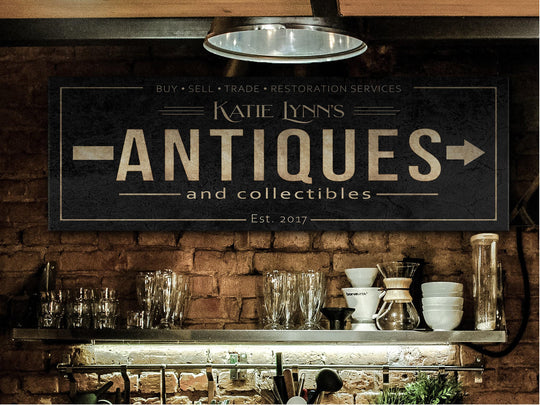 Antiques Sign with Personalized Family Name | Antiques Collectibles Custom Wall Decor on Aluminum Sign | Customized & Personalized Wall Art