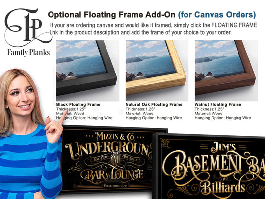 a woman standing next to a picture frame